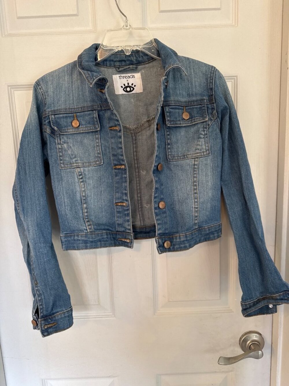 Hand-Painted Jean Jacket Elephant Evil Eye Threads X Custom Art Airbrush XS/S - Picture 5 of 5